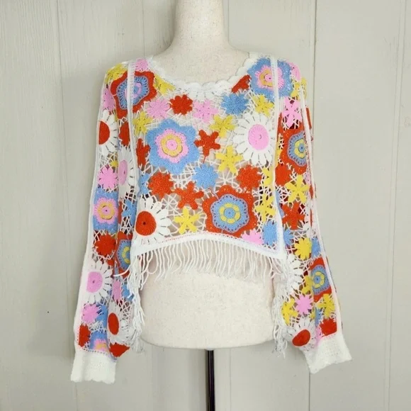 House of Harlow 1960 Crochet Floral Fringe Sweater Boho Festival One Size NWOT - Picture 2 of 6